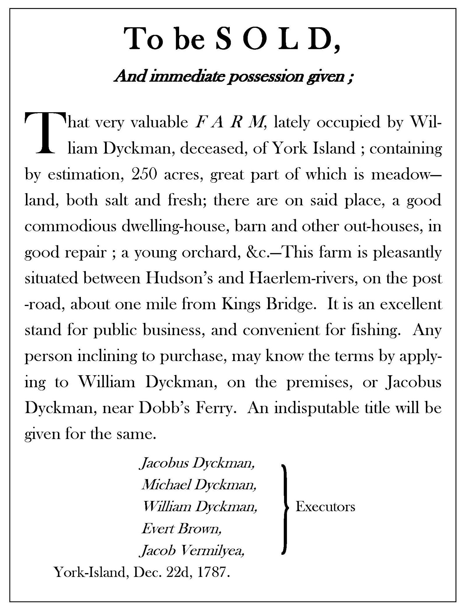 Text of the 1788 advertisement of the Dyckman property.